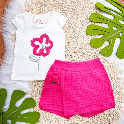Conj. Blusa Florzinha e Short Saia - Off White e Pink